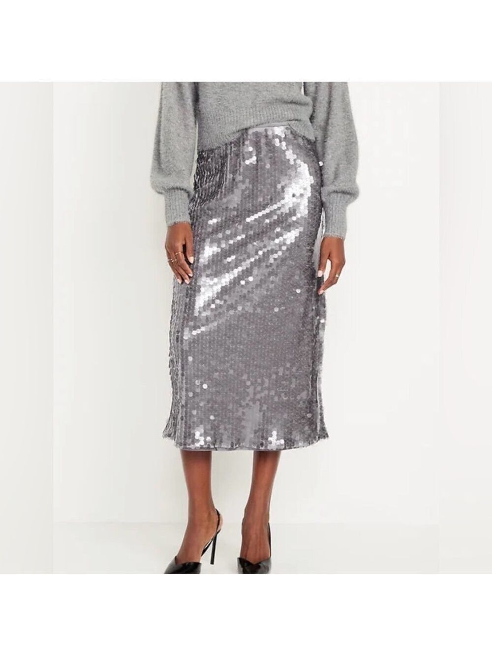 Old Navy Silver High-Waisted Sequin Pull-On Midi Skirt NYE Party Formal NWT XL
